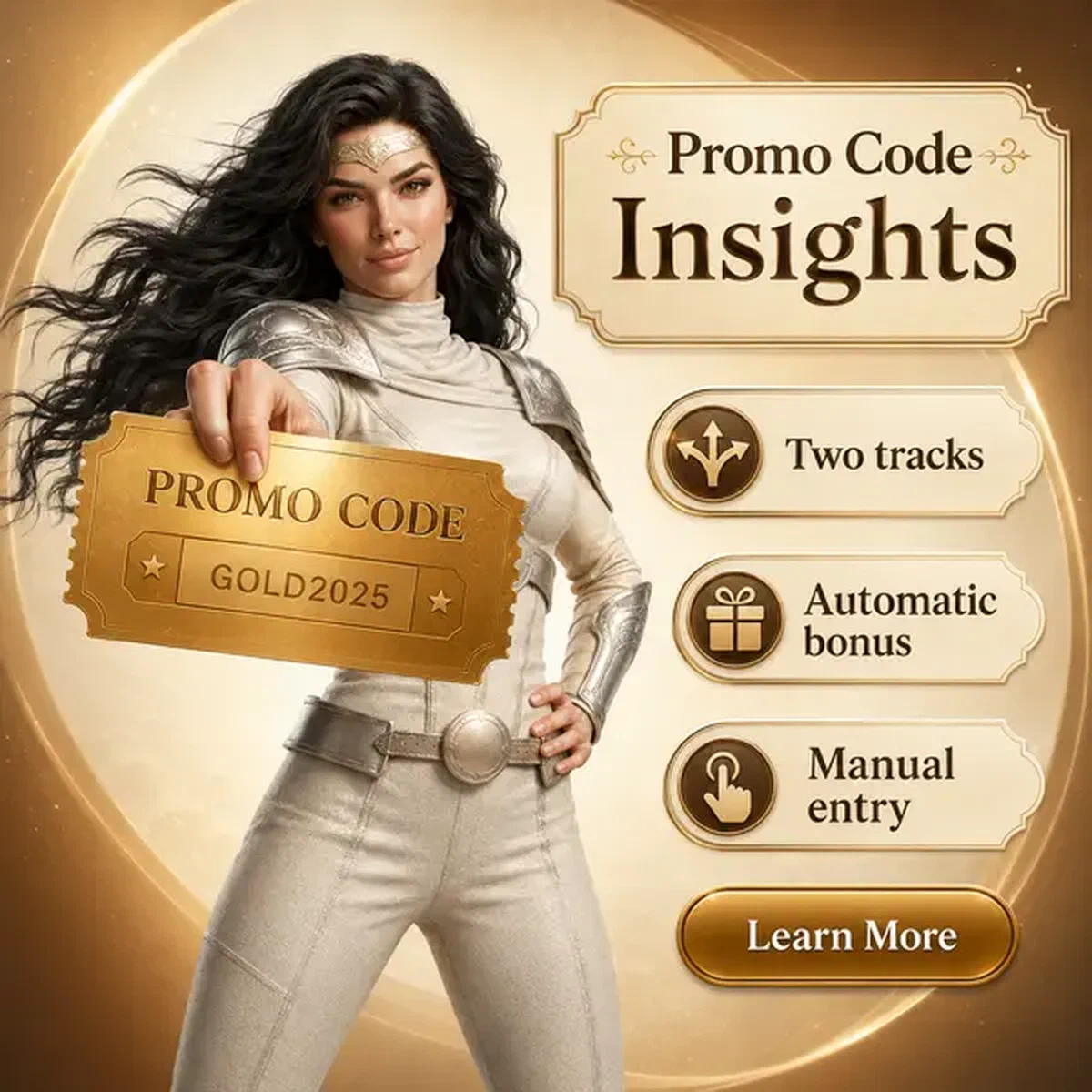 Femme confiante présentant un bon de code promo doré au portail SpinSahara Casino