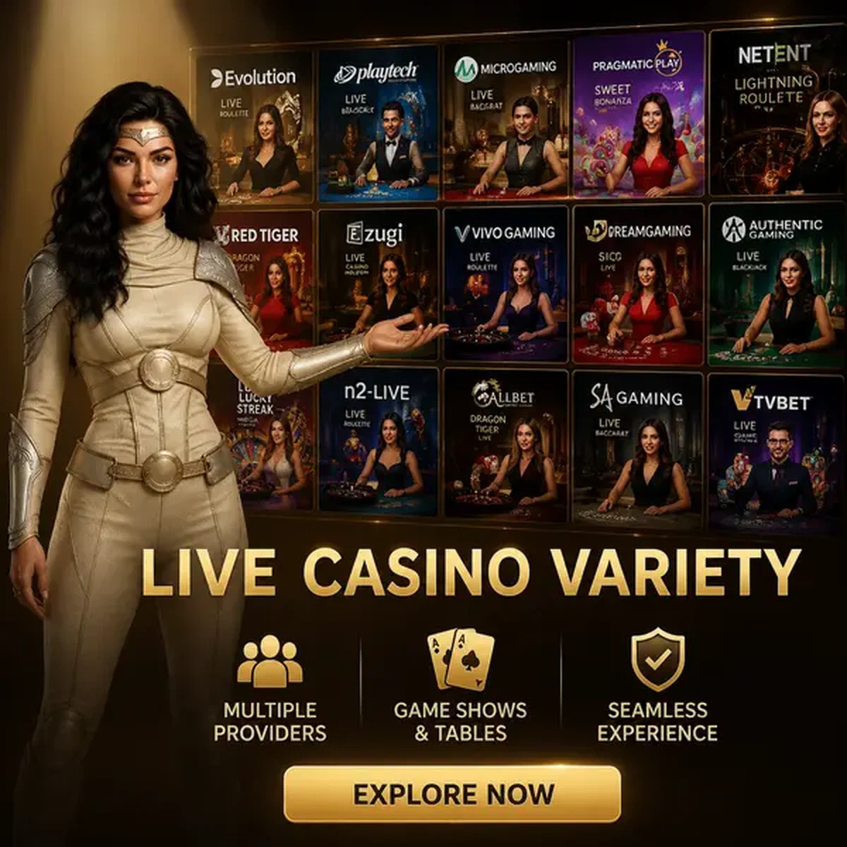 Croupier en direct SpinSahara présentant diverses vignettes de jeux de plusieurs fournisseurs de casino