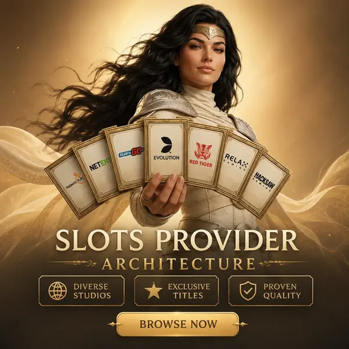 Femme confiante présentant la collection de fournisseurs de machines à sous dans la salle de jeu du casino SpinSahara