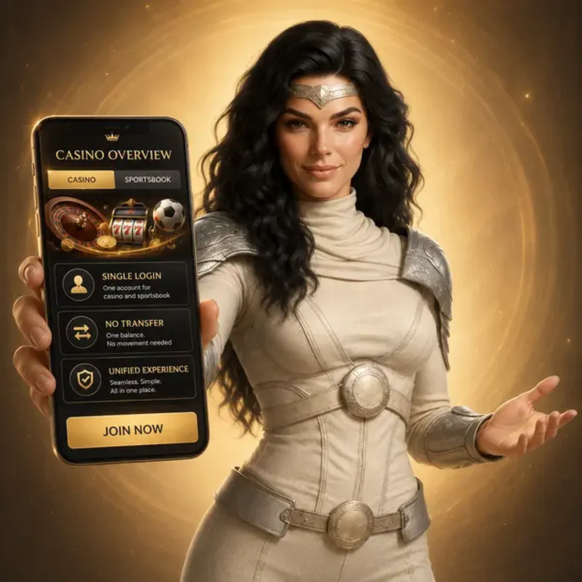 Joueur VIP présentant l'interface unifiée du casino SpinSahara sur un écran de smartphone lumineux