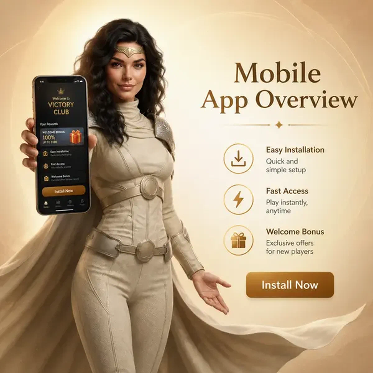 Femme confiante présentant l'application mobile SpinSahara avec un sourire accueillant et une cape flottante