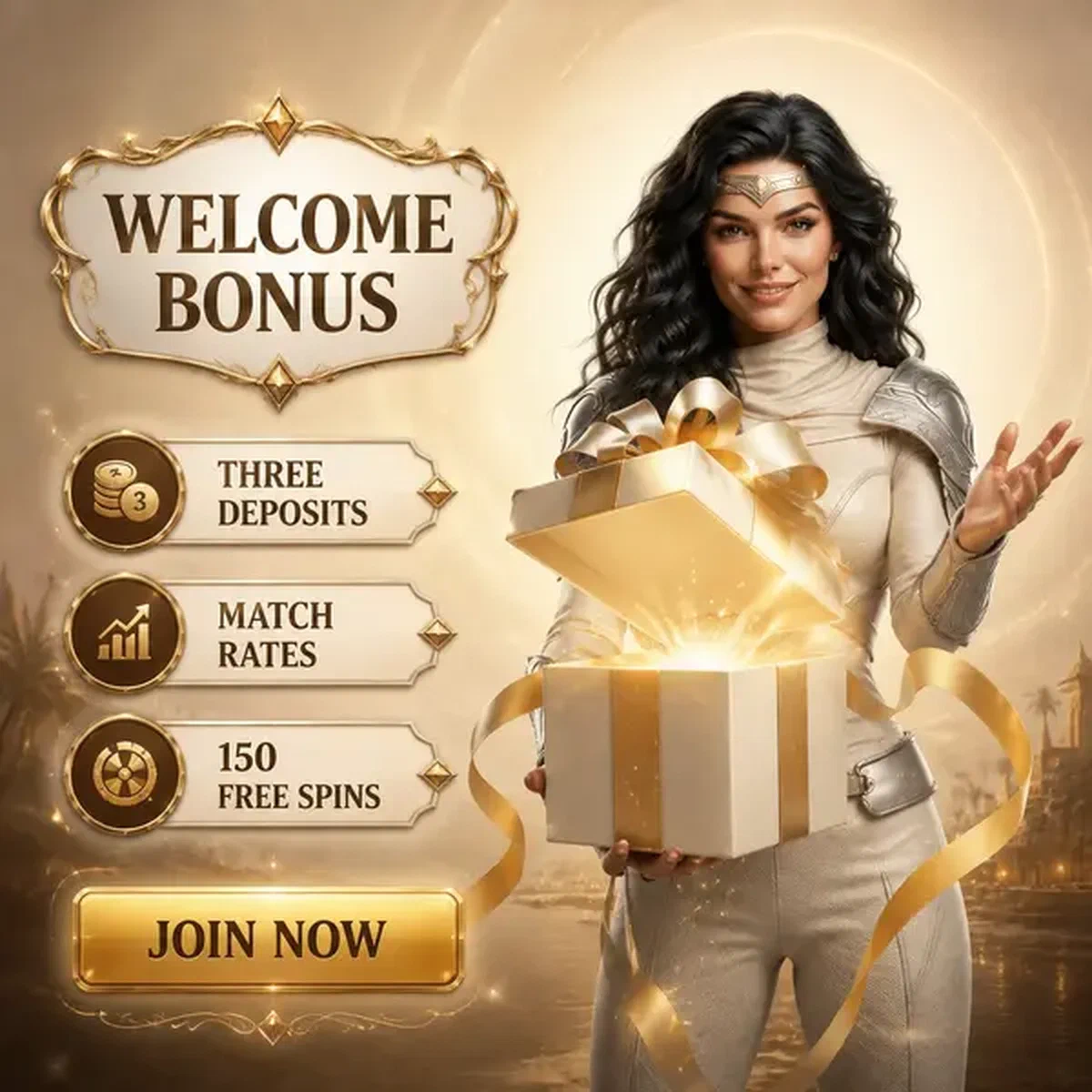 Femme confiante présentant le cadeau de bonus de bienvenue SpinSahara avec des rubans dorés