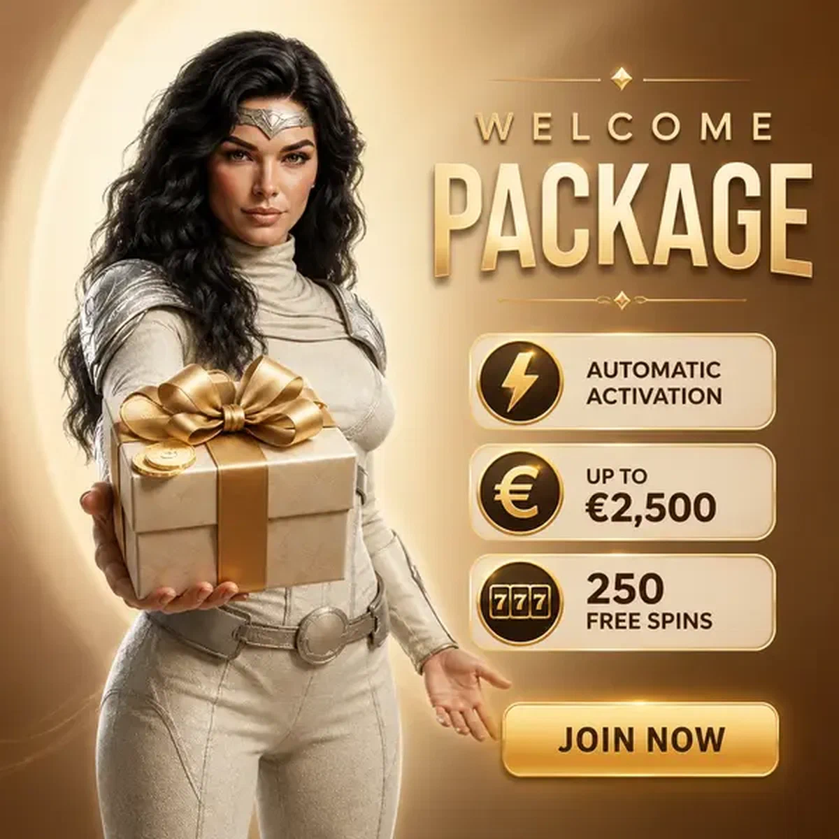 Femme présentant une boîte cadeau de bienvenue à la Structure et Mécanique du Pack de Bienvenue alors qu'un nouveau joueur s'inscrit