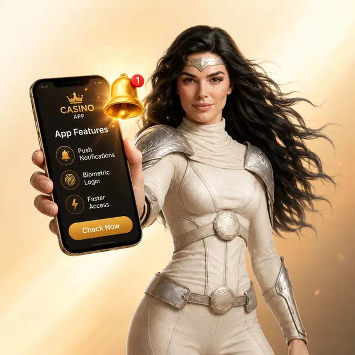 Femme confiante présentant les fonctionnalités de l'application mobile SpinSahara Casino avec une cloche de notification sortant de l'écran