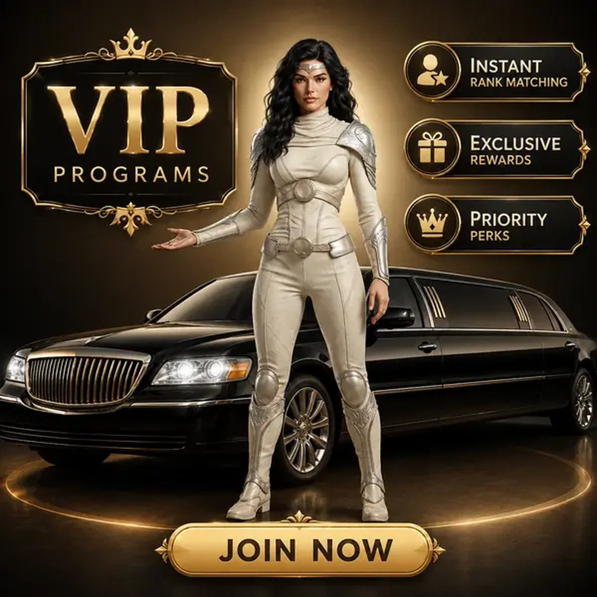 Femme élégante présentant la limousine VIP SpinSahara et le programme de récompenses de fidélité exclusif