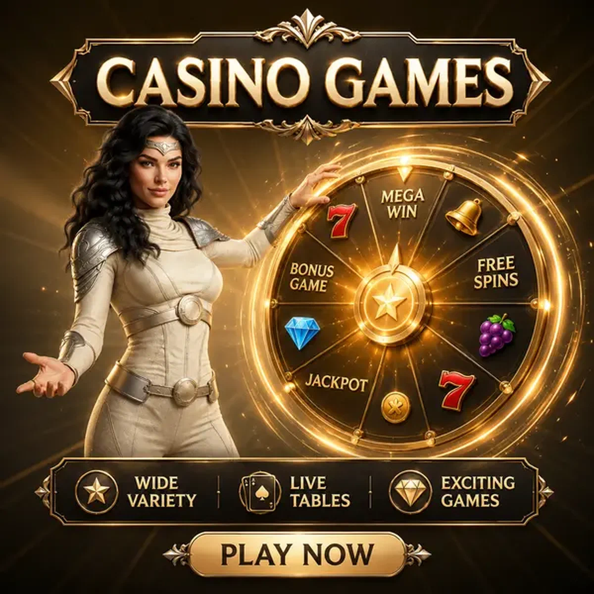 Femme championne faisant tourner une roue de prix lumineuse sur le sol des machines à sous du Casino SpinSahara